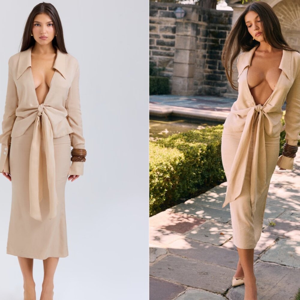 House of cb NEVAEH Almond Plunge Shirt Midi Dress NWT